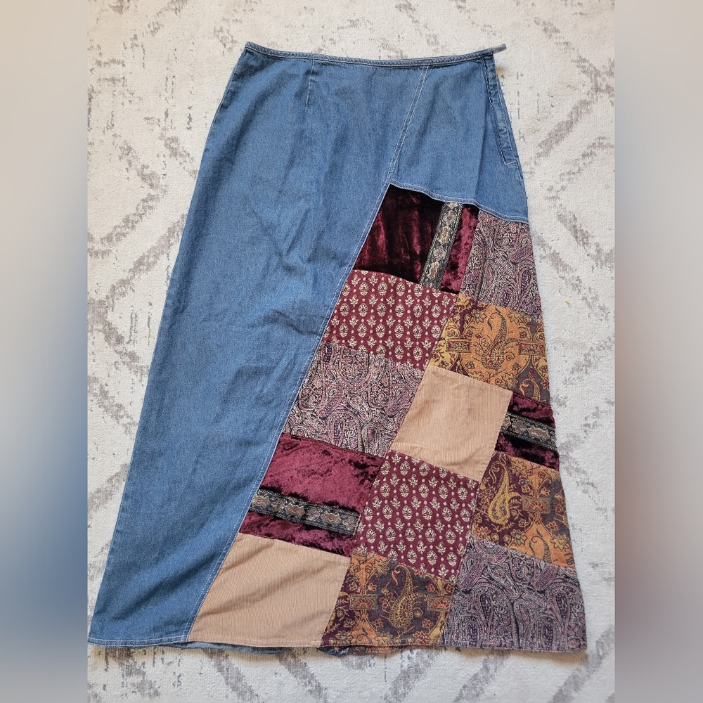 J. Jill Denim A-Line Maxi Skirt with Burgundy and Tan Patchwork